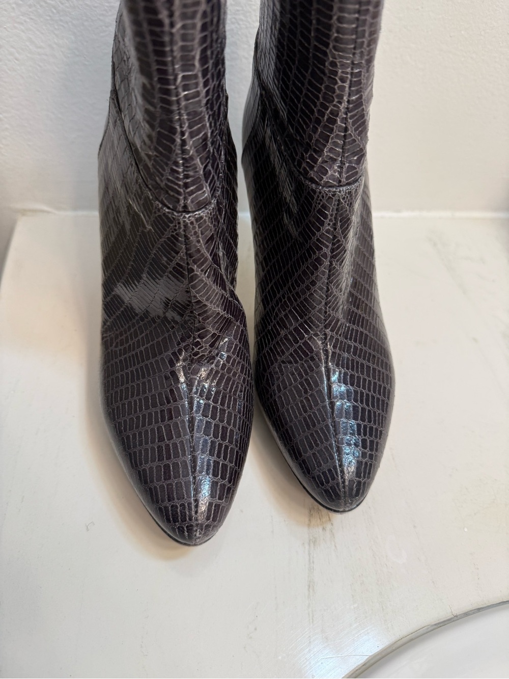 NEW JIMMY CHOO Pointed Toe Women’s Boot in Dark Grey Croc-Embossed Leather